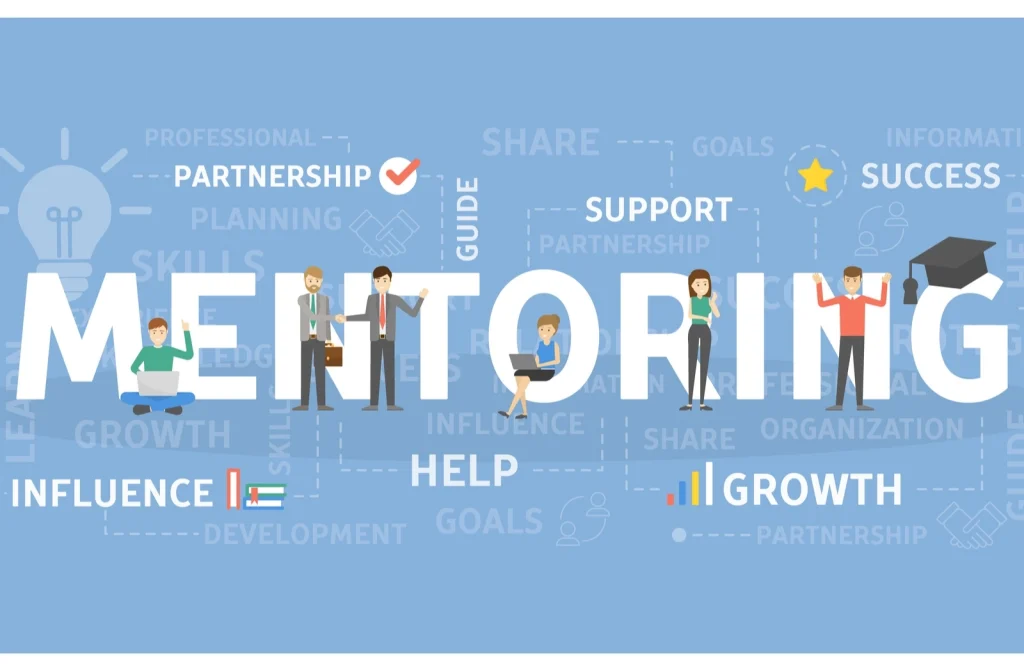 Blue graphic with the word "mentoring" in all caps, surrounded by reasons a mentor is important such as support, success, growth, and help.
